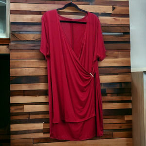 Women's Red Wrap Top Blouse Dress Gold Tone Accent Size 4XL